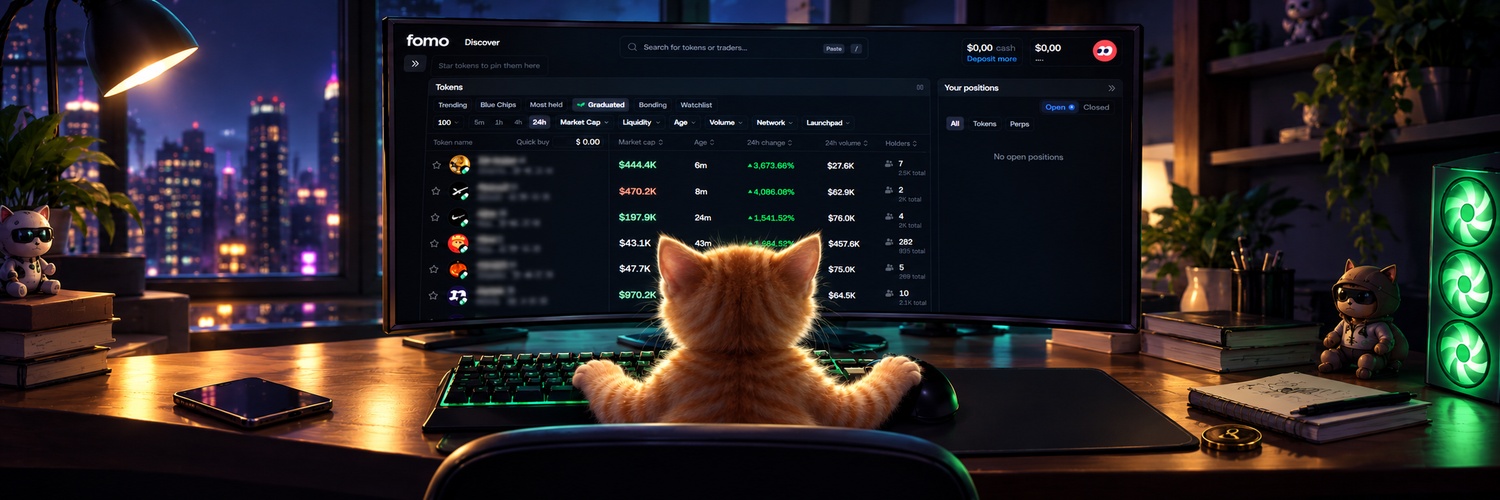 Orange kitten trading at a late-night crypto desk
